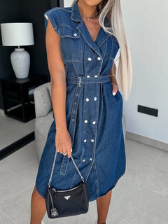 Casual collar sleeveless nail buckle open chest waist cinching lace up denim dress