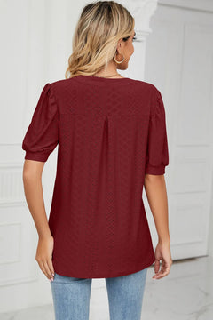 Casual V-neck solid color hollow bubble sleeve loose T-shirt top for women