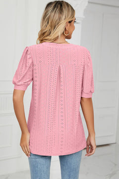 Casual V-neck solid color hollow bubble sleeve loose T-shirt top for women