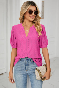 Casual V-neck solid color hollow bubble sleeve loose T-shirt top for women