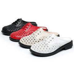 Cave shoes real leather flat heel thick sole hollowed out sandals women's slippers round toe