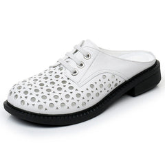 Cave shoes real leather flat heel thick sole hollowed out sandals women's slippers round toe