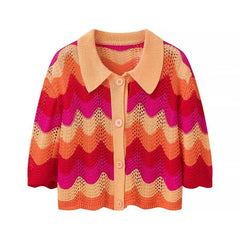 Collar striped contrasting knit shirt+half skirt set
