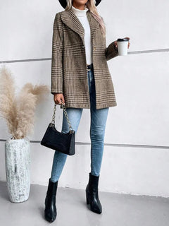 Collar woolen plaid coat with slim fit temperament