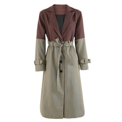 Color blocking patchwork windbreaker women's lace up waist cinched long jacket coat