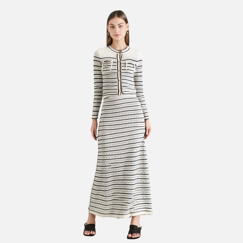 Color blocking striped women's knitted sweater top+striped hollow knitted skirt set for women