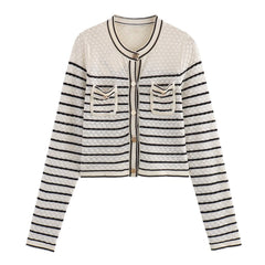 Color blocking striped women's knitted sweater top+striped hollow knitted skirt set for women