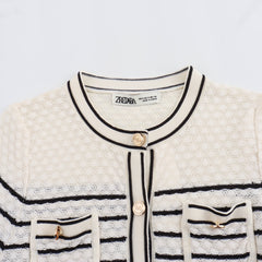 Color blocking striped women's knitted sweater top+striped hollow knitted skirt set for women