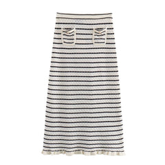 Color blocking striped women's knitted sweater top+striped hollow knitted skirt set for women