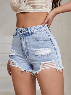 Distressed Raw Hem High Waist Denim Shorts