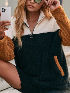 Double sided plush contrasting patch pocket hoodie color blocked plush top for women