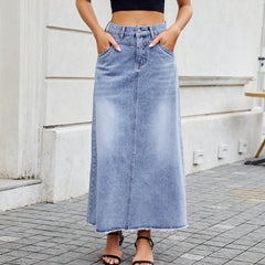 European and American high waisted denim skirt fashionable loose pocket half length skirt for women