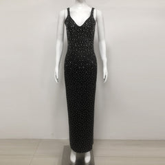 European and American sexy fashion socialite temperament hot diamond suspender backless long dress women's dress