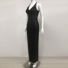 European and American sexy fashion socialite temperament hot diamond suspender backless long dress women's dress