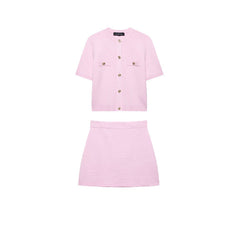 European and American style women's clothing new fashion short sleeved knitted top half skirt set