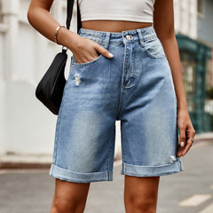 European and American women's perforated rolled edge five quarter denim shorts casual pants