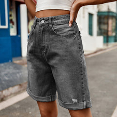 European and American women's perforated rolled edge five quarter denim shorts casual pants