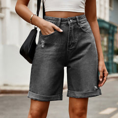 European and American women's perforated rolled edge five quarter denim shorts casual pants