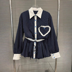 Fashion contrasting polo collar heart striped shirt top women's spring floral bud fluffy half skirt two-piece set