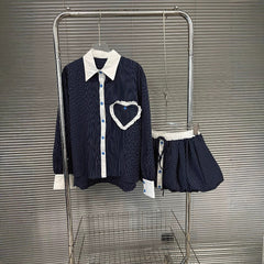 Fashion contrasting polo collar heart striped shirt top women's spring floral bud fluffy half skirt two-piece set