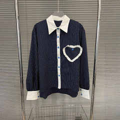 Fashion contrasting polo collar heart striped shirt top women's spring floral bud fluffy half skirt two-piece set