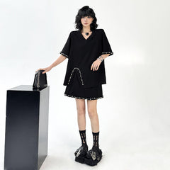 Fashion Set V-neck Solid Color Shoulder Pad T-shirt+Elastic Waist Short Skirt
