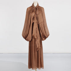 Fashionable niche design bat sleeve lace up pleated dress for women