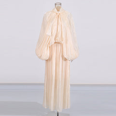 Fashionable niche design bat sleeve lace up pleated dress for women