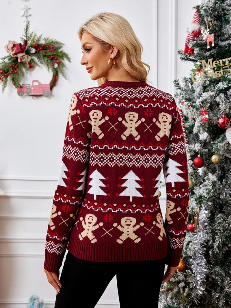Gingerbread man jacquard long sleeved sweater pullover casual top