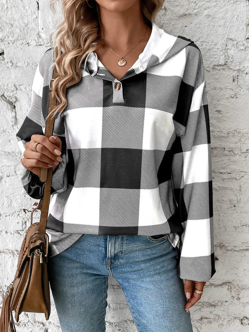 Grid printed loose casual fashionable button long sleeved hooded sweatshirt