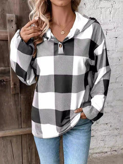 Grid printed loose casual fashionable button long sleeved hooded sweatshirt