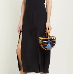 Handmade tassel bamboo knot bag water bucket bag semi-circular bamboo basket handbag for women