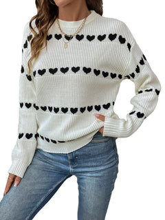 Heart Round Neck Long Sleeve Sweater