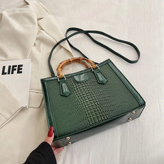 High Quality Leather Shoulder Bag For Women Luxury Alligator Handbag Designer Women Bag Retro Bamboo Handle Tote Bag Female
