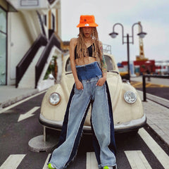 High waisted loose slimming color blocked long flared pants and floor pants