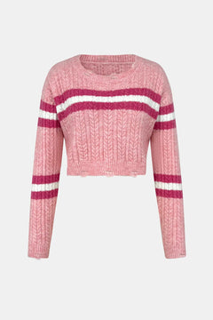 Hooded sweater base knit sweater short top contrasting color striped women