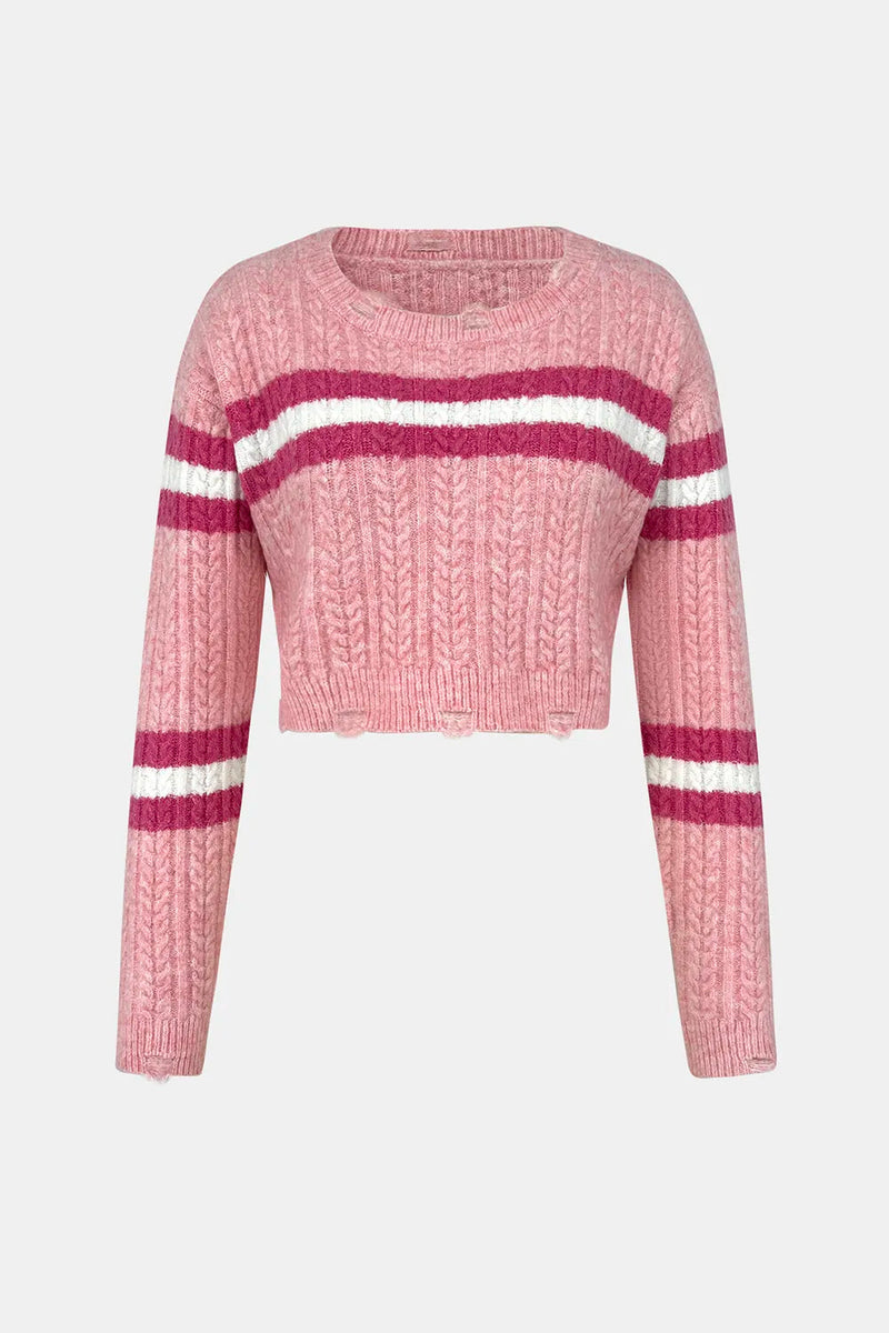 Hooded sweater base knit sweater short top contrasting color striped women