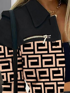 Long sleeved button color blocked printed lapel commuter suit for women