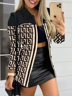 Long sleeved button color blocked printed lapel commuter suit for women