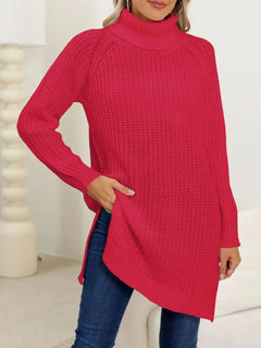 New autumn and winter thick sweater high neck simple slit dress