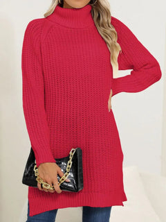 New autumn and winter thick sweater high neck simple slit dress