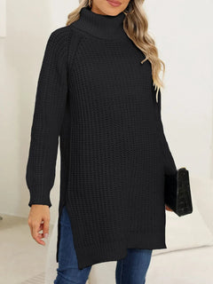 New autumn and winter thick sweater high neck simple slit dress