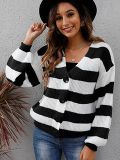 New autumn and winter women's clothing contrasting striped button spliced woven sweater jacket
