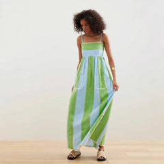 Off shoulder camisole striped printed fairy style long dress with a large swing for women