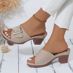 Open Toe Block Heel Buckle Sandals