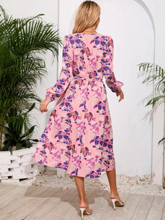 Printed Surplice Long Sleeve Midi Dress