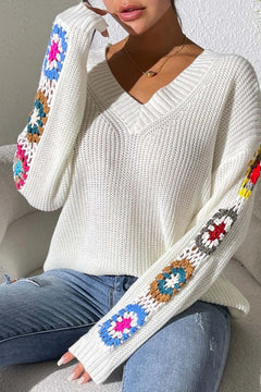 Randomly mixed color hand hook flower splicing V-neck pullover sweater