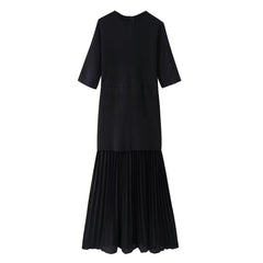 Round neck short sleeved knitted patchwork pleated dress long skirt