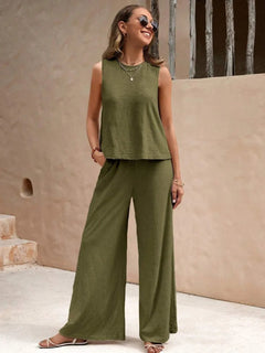 Round Neck Sleeveless Top and Wide Leg Pants Set