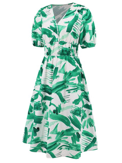 Ruched Printed Surplice Short Sleeve Dress